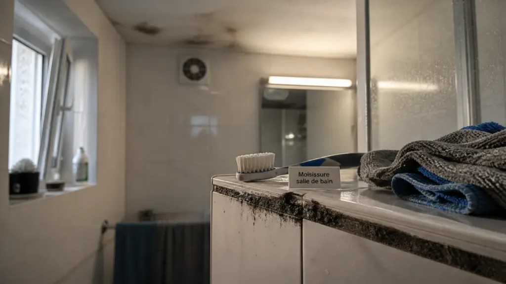Moisissure salle de bain : joint noirci et plafond taché