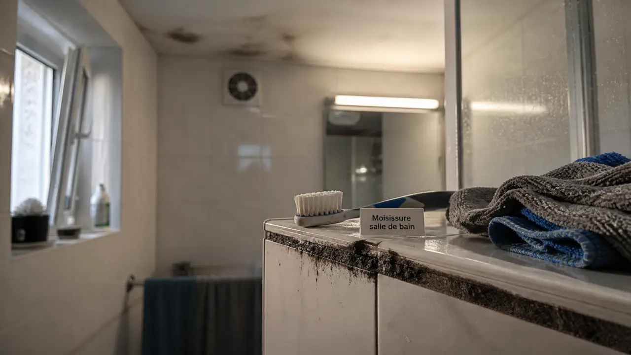 Moisissure salle de bain : joint noirci et plafond taché