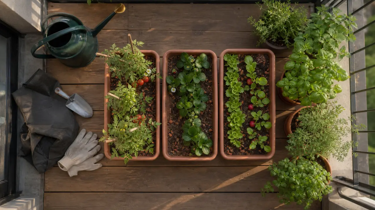 Potager sur balcon avec tomates cerises, fraisiers et laitues, en bacs de terreau et billes d’argile.