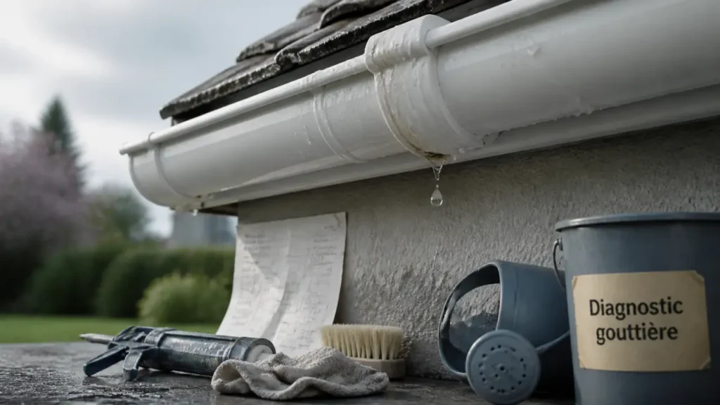 Reparer gouttière qui fuit : diagnostic fuite sur gouttière PVC blanche après pluie