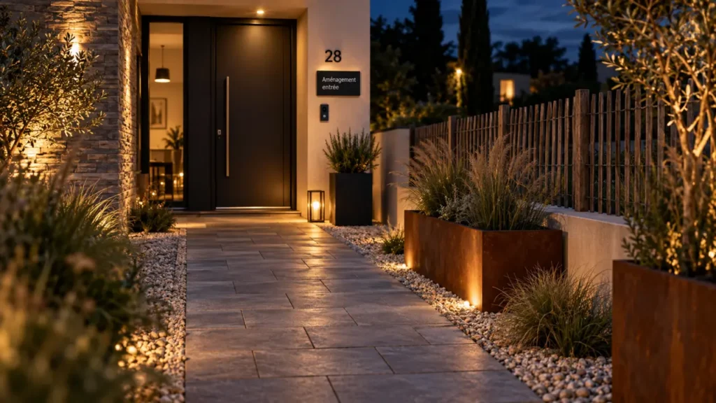 Aménagement extérieur devant maison : allée en pavés et plantations