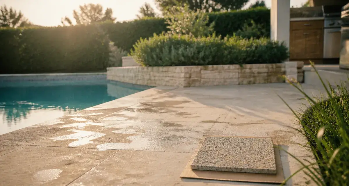 Aménagement piscine et jardin : plage de piscine en pierre antidérapante et végétation