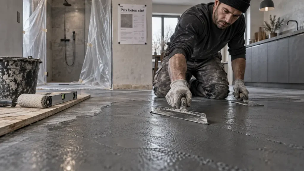 Béton ciré prix au m2 sur sol, artisan applique et truelle