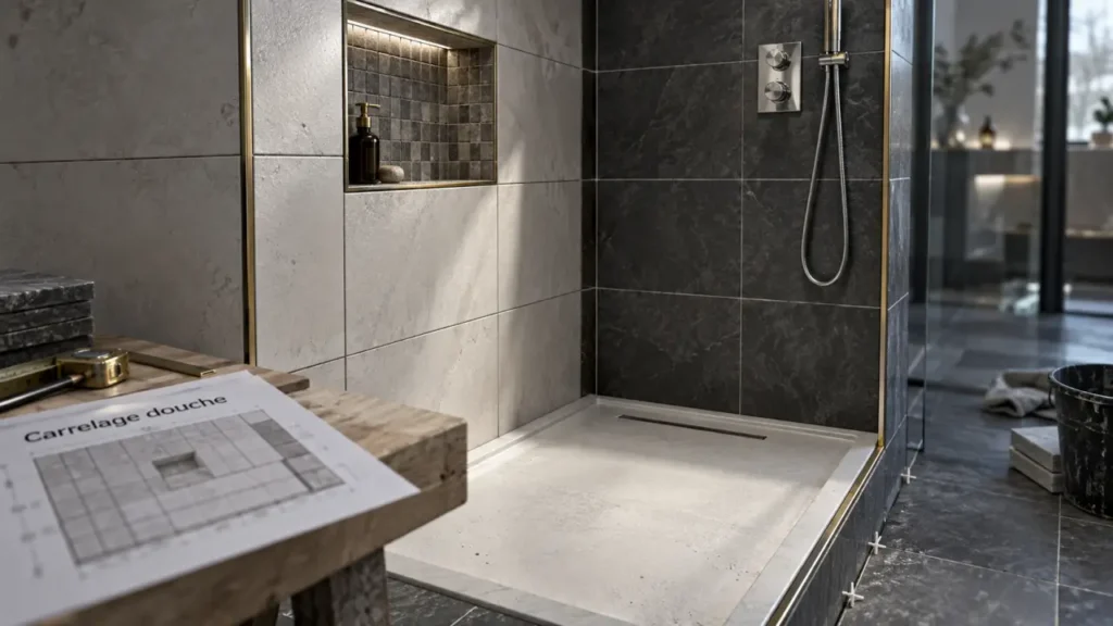 Carrelage douche mural avec joints discrets pour agrandir l’espace