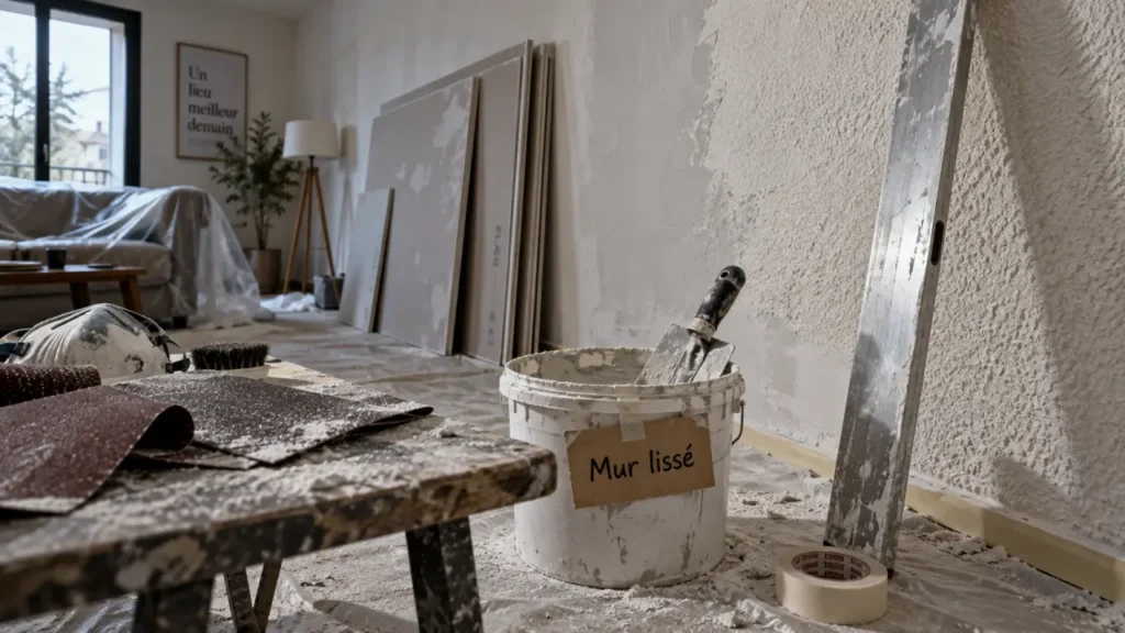 Comment habiller un mur en crépi intérieur : mur en crépi lissé partiellement avec outils