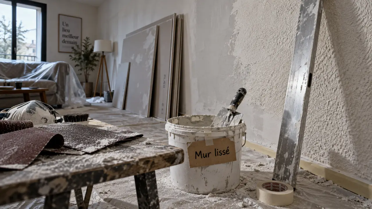 Comment habiller un mur en crépi intérieur : mur en crépi lissé partiellement avec outils