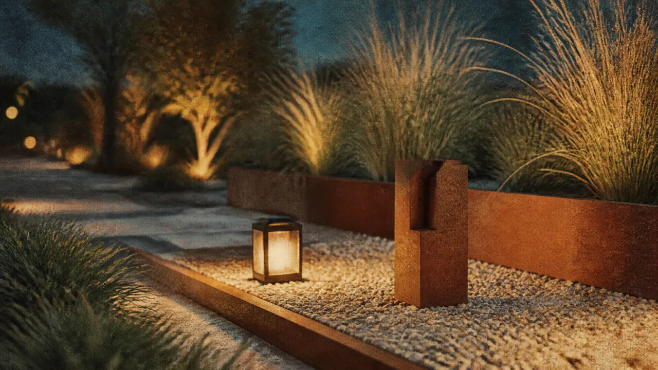 Décoration extérieure jardin : lanterne sur galets et sculpture corten