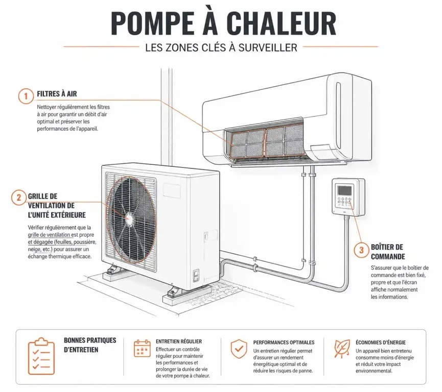 Schéma des points de contrôle pour l'entretien d'une pompe à chaleur
