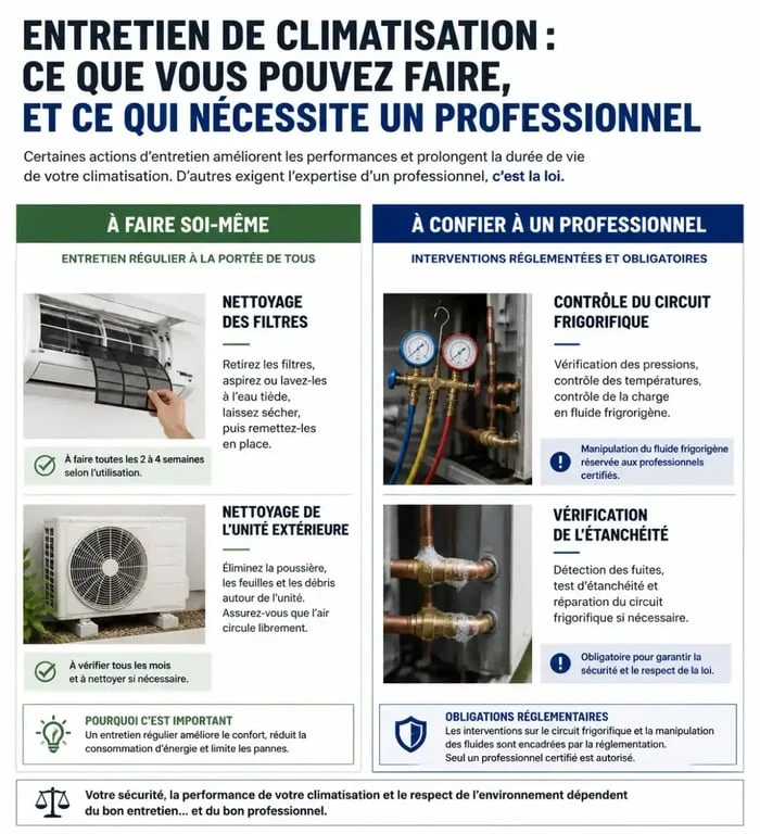 Infographie sur l'entretien d'une pompe à chaleur : gestes utilisateur vs professionnel