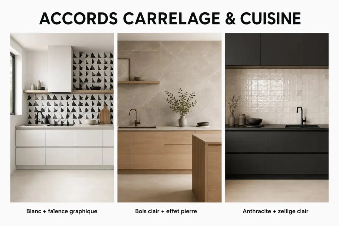Idée carrelage mural cuisine en trois ambiances pour associer carrelage mural, meubles blancs, bois et noir