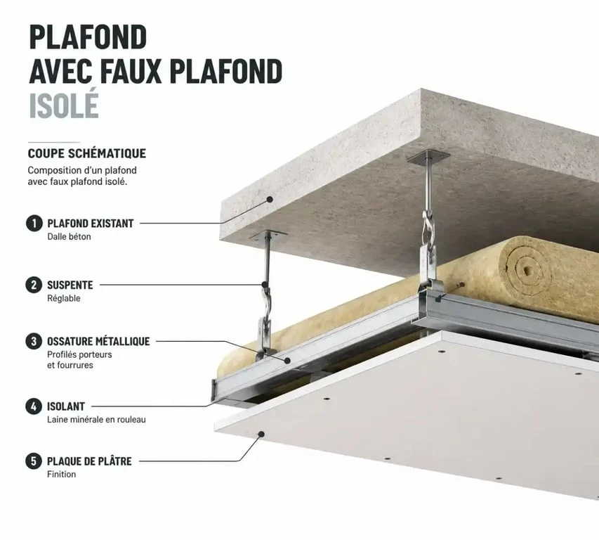 Schéma en coupe d'une isolation plafond avec faux plafond et ossature métallique
