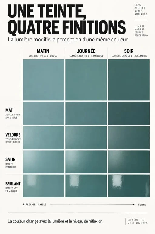 Nuancier peinture comparant les finitions mat, velours, satin et brillant selon la lumière