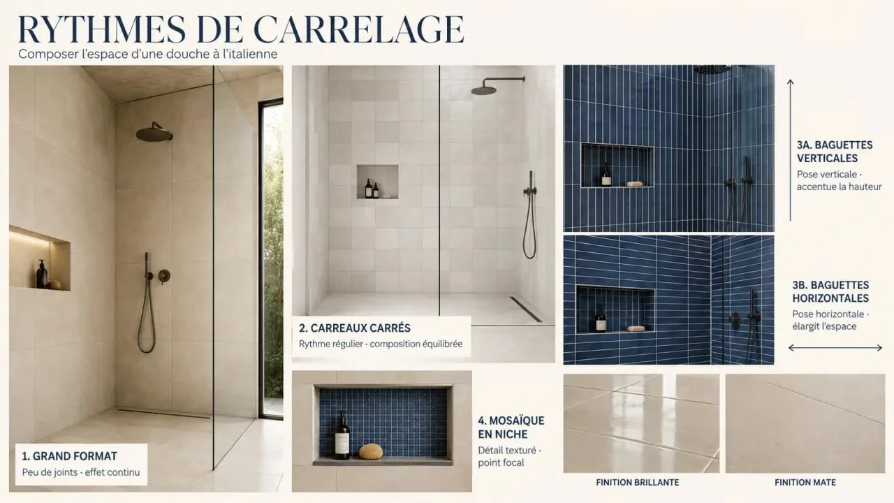 Visuel de carrelage douche mural présentant plusieurs formats, poses et finitions