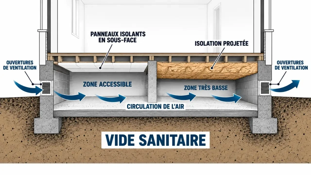 Schéma de l’isolation d’un vide sanitaire par la sous-face du plancher bas