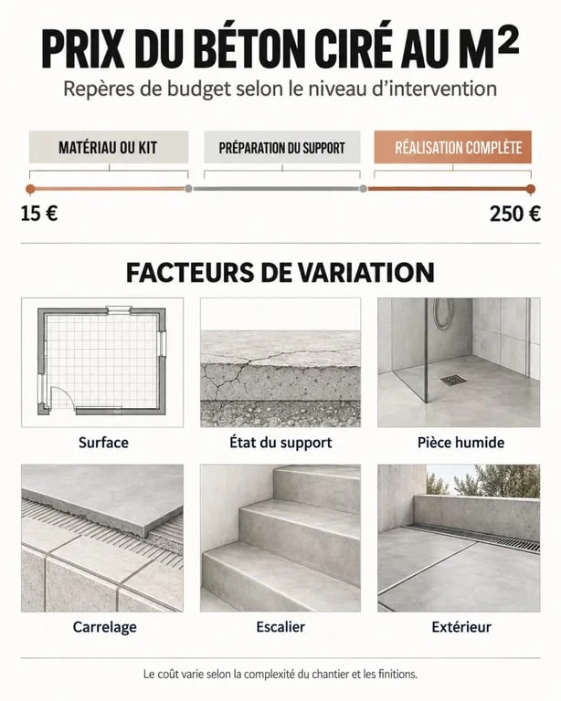 Infographie du prix du béton ciré au m² selon la prestation et la difficulté du chantier
