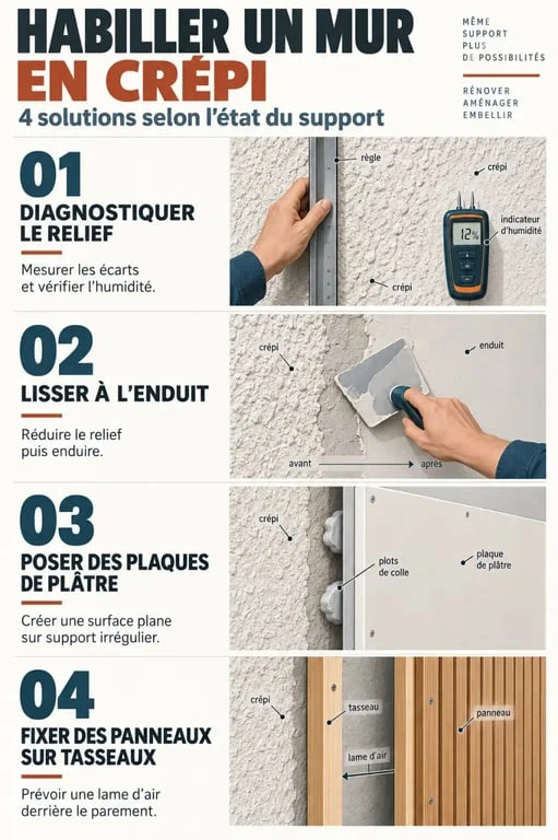 Comment habiller un mur en crépi intérieur : étapes de diagnostic, lissage, pose de plaques et revêtement mural