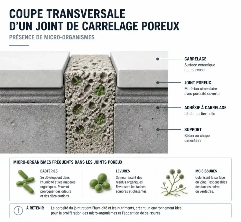Schéma explicatif de la porosité des joints de carrelage et du nettoyage de joint de carrelage