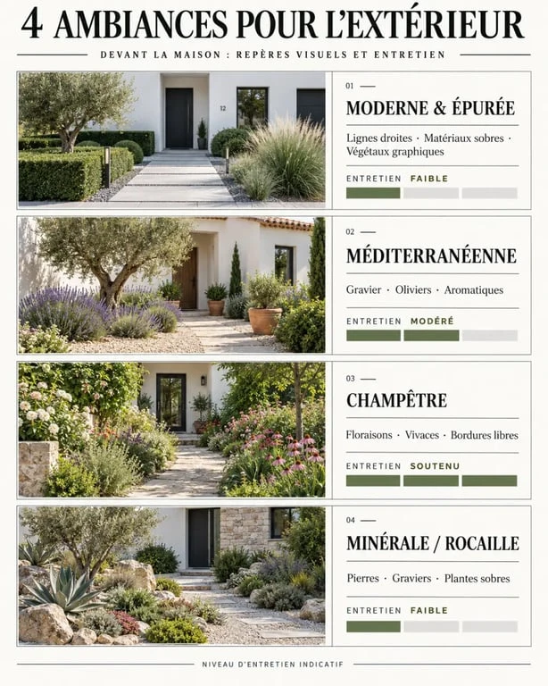 Infographie comparant quatre styles d'aménagement extérieur devant maison et leur niveau d'entretien