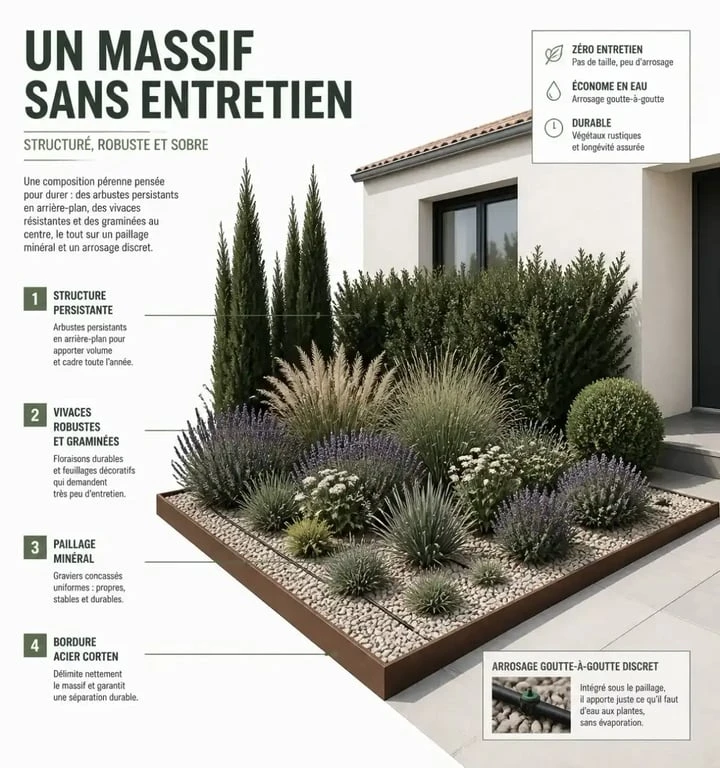 Parterre devant maison sans entretien avec vivaces, graminées, paillage minéral et bordure nette