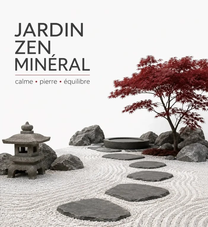 Décoration extérieure jardin zen avec graviers ratissés, pas japonais et lanternes basses