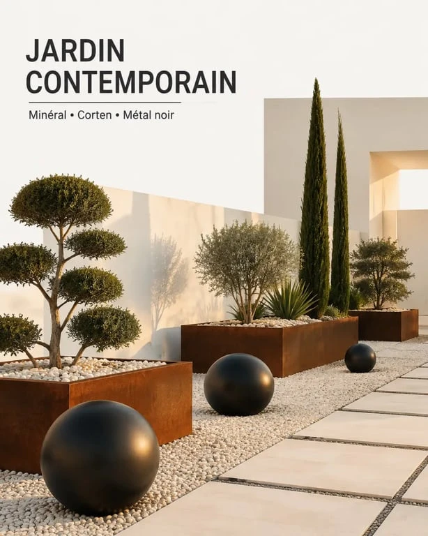 Décoration extérieure jardin contemporaine avec boules décoratives, acier corten et galets