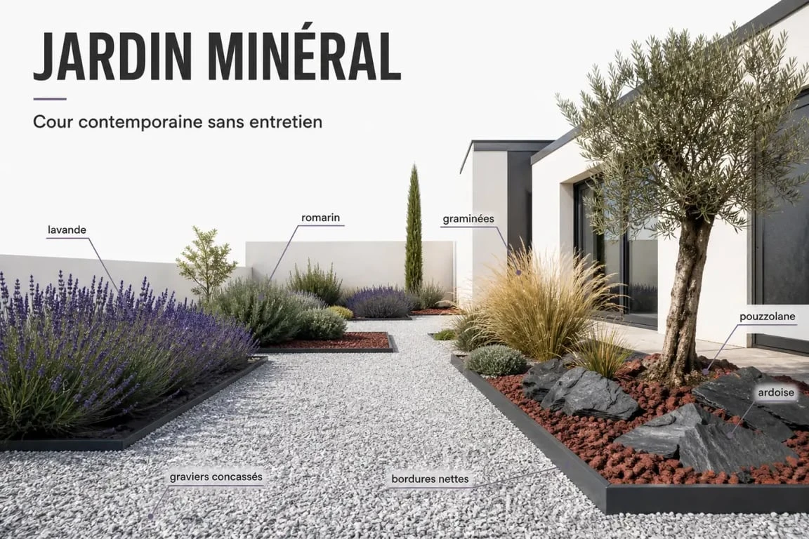 Jardin minéral sans entretien avec graviers, lavande et bordures nettes