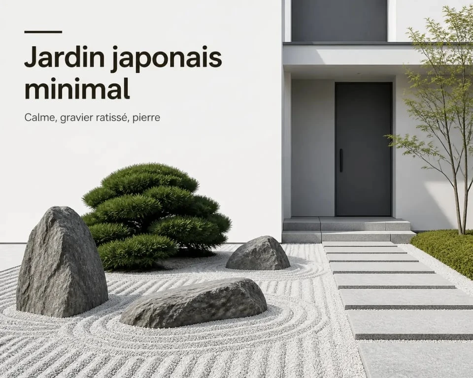 Petit jardin japonais devant maison avec gravier ratissé et rochers