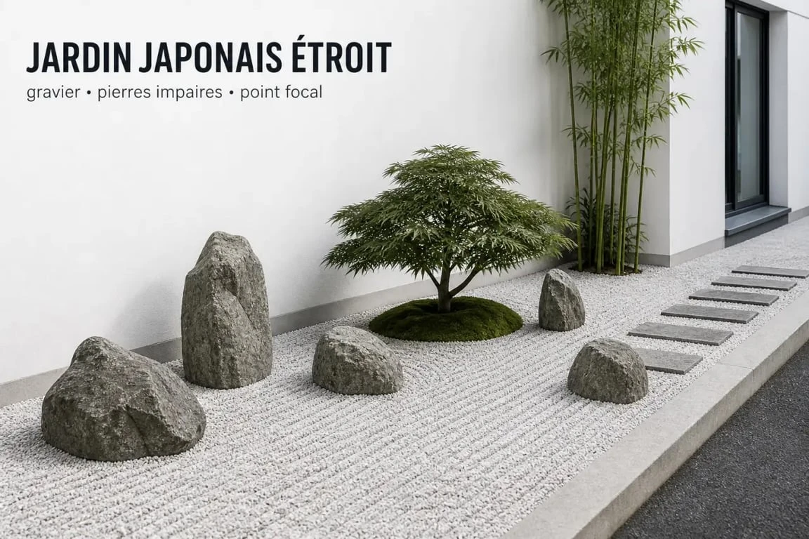 Petit jardin japonais devant maison le long de la façade en bande étroite