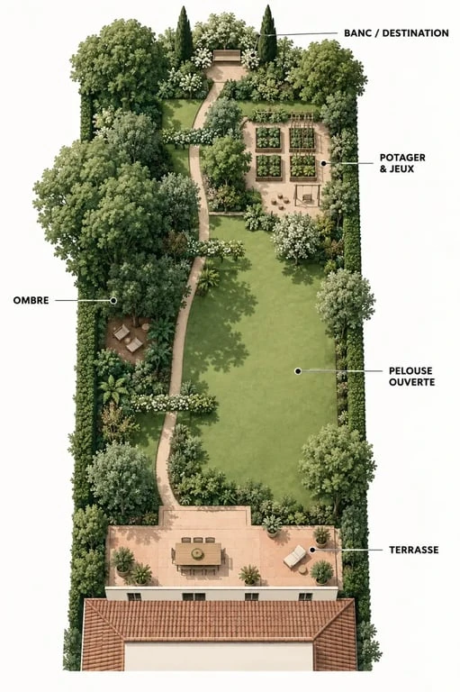 Schéma visuel d’un aménagement de grand jardin rectangulaire organisé en cinq zones