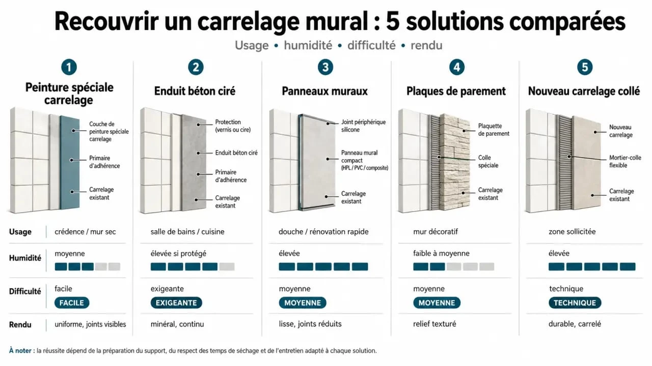 Recouvrir un carrelage mural : comparatif visuel des solutions