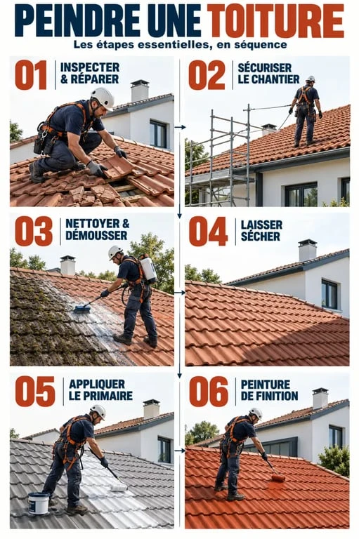 Étapes pour peindre une toiture : inspection, nettoyage, primaire et application de la peinture