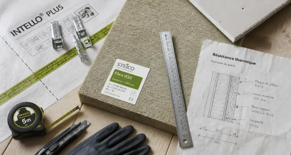 Isolation plafond : panneau isolant et règle sur plancher bois