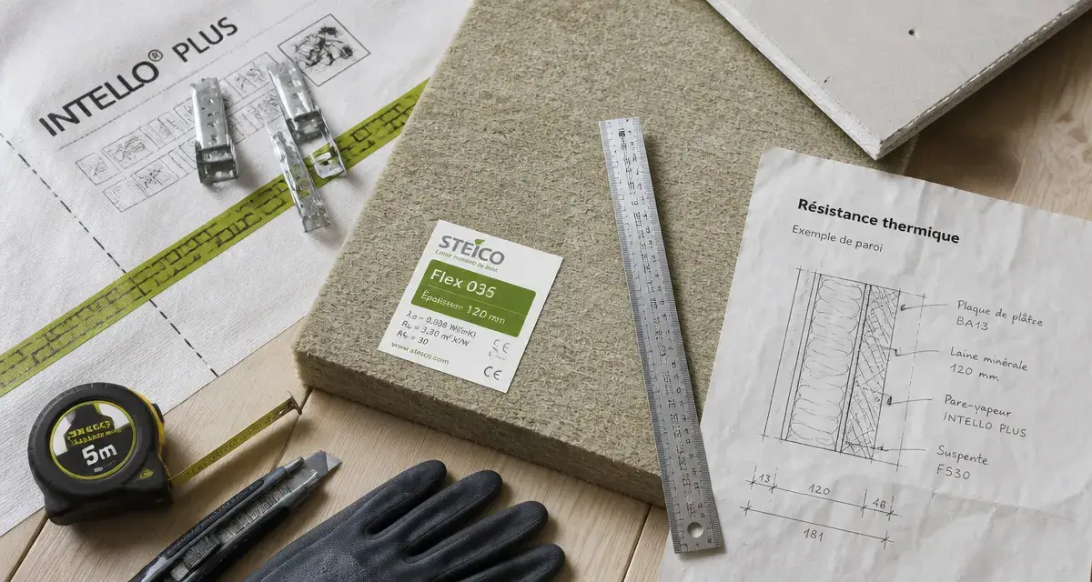 Isolation plafond : panneau isolant et règle sur plancher bois