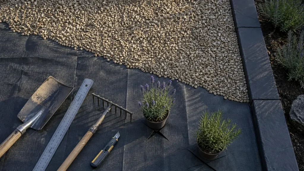 Jardin minéral sans entretien : graviers 5 cm et toile de paillage