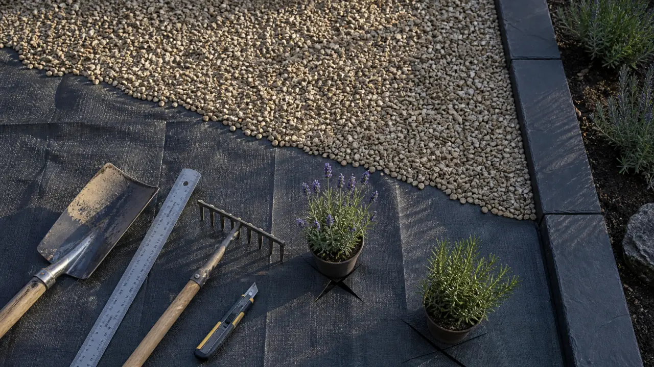 Jardin minéral sans entretien : graviers 5 cm et toile de paillage