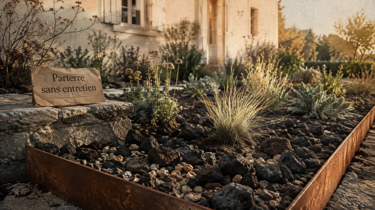 Parterre devant maison sans entretien avec paillage pouzzolane et bordure acier corten