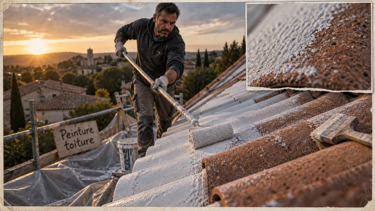 Peindre une toiture : couvreur applique une peinture blanche sur tuiles