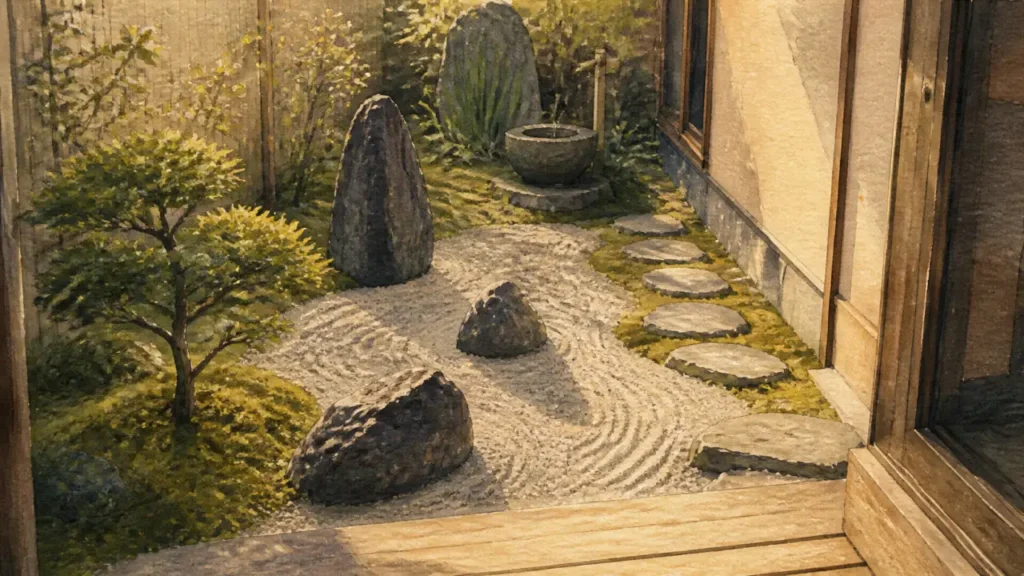 Petit jardin japonais devant maison sur 5 m², gravier et pierres, ambiance zen