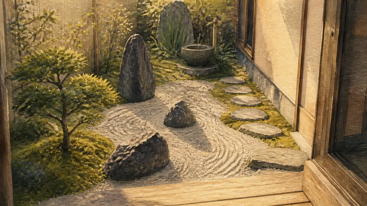 Petit jardin japonais devant maison sur 5 m², gravier et pierres, ambiance zen