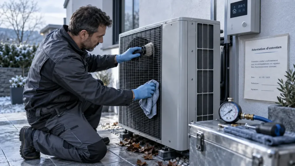 Pompe a chaleur entretien : technicien nettoie l’unité extérieure