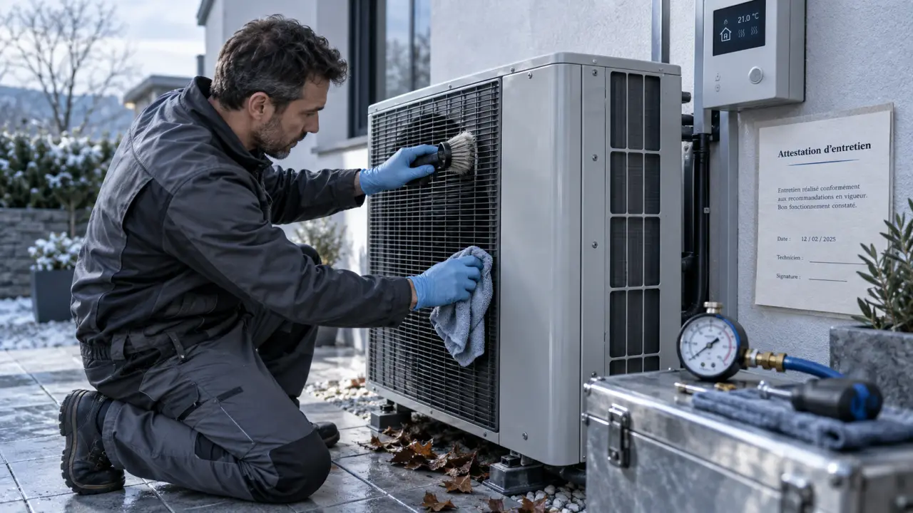 Pompe a chaleur entretien : technicien nettoie l’unité extérieure