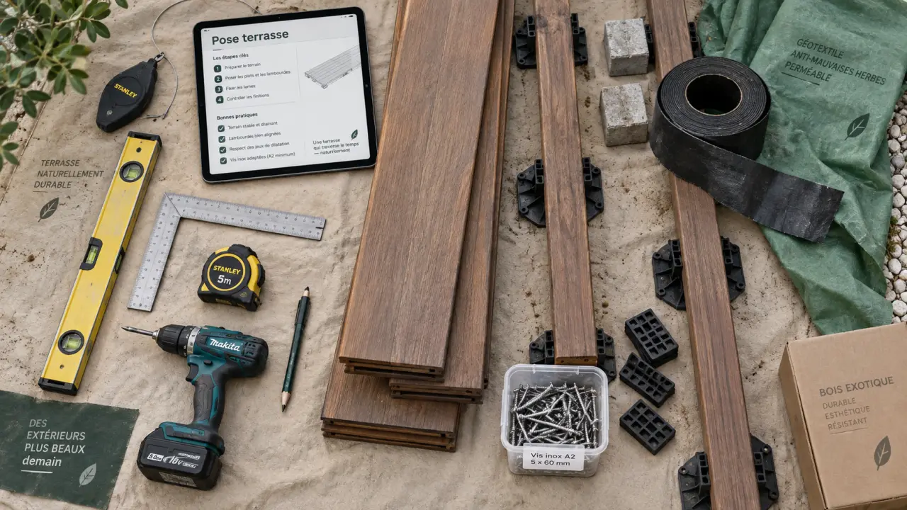 poser une terrasse en bois durable : lambourdes, cales et plots béton