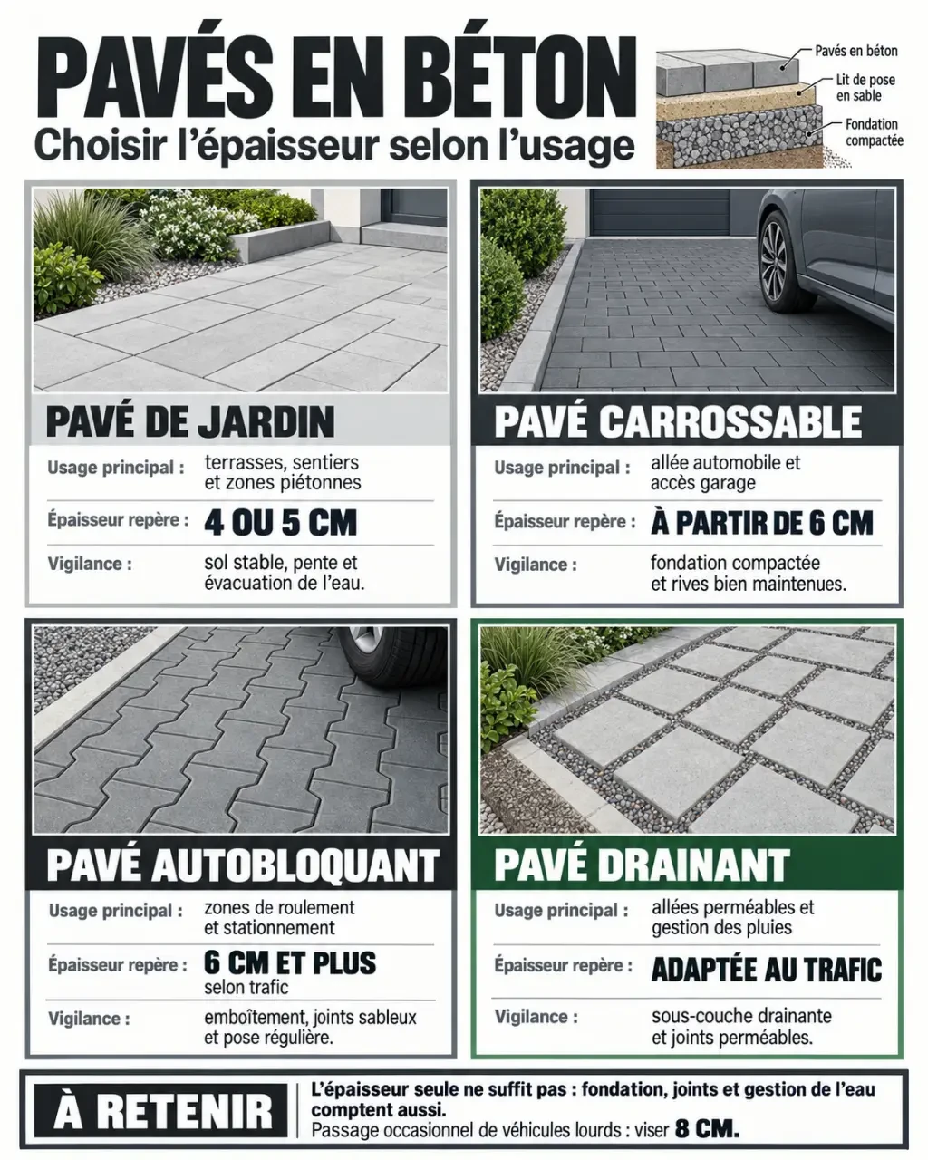 Infographie comparative des pavés en béton de jardin, carrossables, autobloquants et drainants